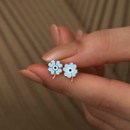 925 Ayar Gümüş Rose Kaplama Fosforlu Mavi Yonca Kadın Küpe