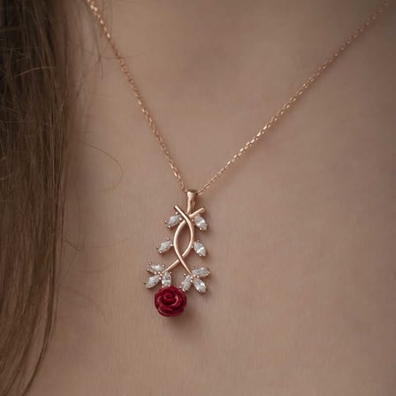 925 Ayar Gümüş Rose Kaplama Kırmızı Gül Tasarım Kadın Kolye