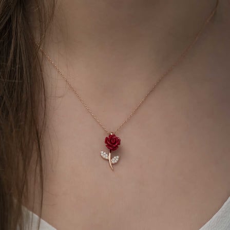 ​925 Ayar Gümüş Rose Kaplama Kırmızı Gül Kadın Kolye