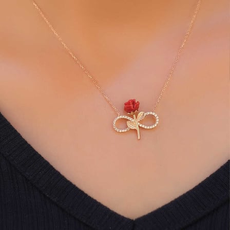 925 Ayar Gümüş Rose Altın Kaplama Sonsuzluk ve Gül Figürlü Bayan Kolye