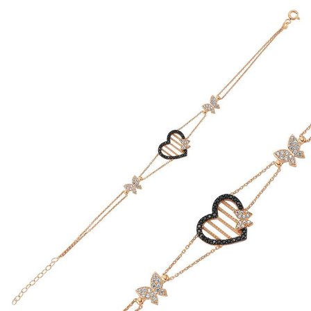 925 Ayar Gümüş Rose Gold Kalpli Kelebek Kadın Bileklik