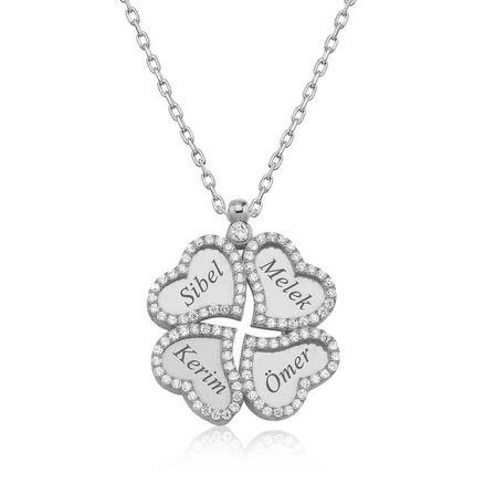 925 Ayar Gümüş Kişiye Özel İsim Yazılı Kalpli Dört Yapraklı Yonca Kadın Kolye