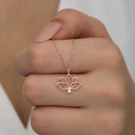 925 Ayar Gümüş Rose Kaplama Lotus Çiçeği Kadın Kolye