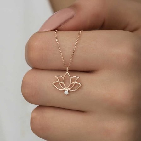 925 Ayar Gümüş Rose Kaplama Lotus Çiçeği Kadın Kolye