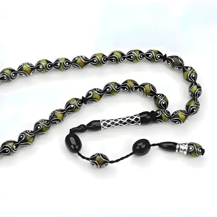 Oltu Taşı ve Sarı Galalith Çeşmi Damla İşleme Tespih