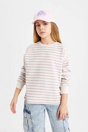 DeFacto Kız Çocuk Relax Fit Bisiklet Yaka Çizgili Sweatshirt B7378A824SPPN426