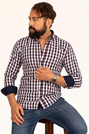 Bordo Lacivert Kareli Slimfit Erkek Gömlek