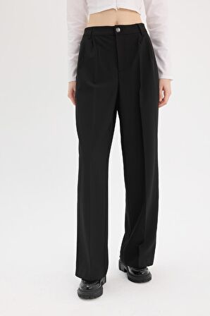 DeFacto Klasik Pantolon Wide Leg Geniş Bol Paça Fleto Cepli Yüksek Bel Standart Boy Basic Düz D8150AX24AUBK81