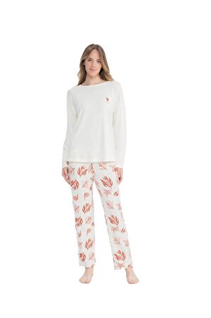 U.S. Polo Assn. Kadın Yaprak Desenli Yuvarlak Yaka Pijama Takımı