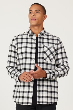 Erkek Siyah-Gri Slim Fit Dar Kesim Düğmeli Yaka Kareli Gömlek