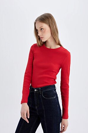 DeFacto Slim Fit Dar Kesim Bisiklet Yaka Fitilli Kaşkorse Basic Düz Uzun Kollu Tişört C7516AX24AURD79