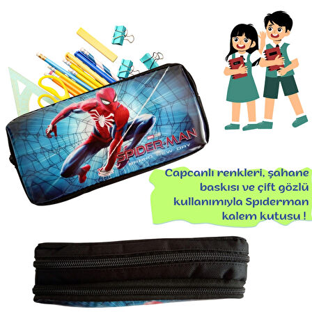 Spderman Örümcek Adam Temalı Kalem Kutusu Kalemlik Resimli Fermuarlı Kumaş Kalemlik Çift Gözlü