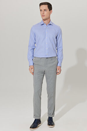 Erkek Beyaz-mavi Ütü Gerektirmeyen Taılored Slim Fit Klasik Yaka %100 Pamuk Desenli Non-ıron Gömlek
