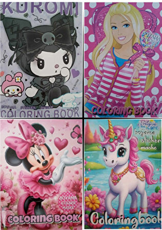 Kuromi Unicorn Barbie Minnie Boyama Kitabı Stickerlı Arka Kapak Maske 12'li Boya Kalemi Hediye