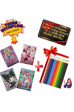 Kuromi Unicorn Barbie Minnie Boyama Kitabı Stickerlı Arka Kapak Maske 12'li Boya Kalemi Hediye