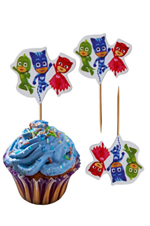  PJ Maskeliler Temalı Doğum Günü Cupcake & Pasta Süsleme Kürdanı Pj Masks 16 Adet 4 cm