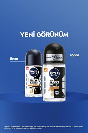 Nivea MEN Erkek Roll-on Deodorant Black&White Invisible Güçlü Etki 50ml, 72 Saat Anti-perspirant, X3 Adet