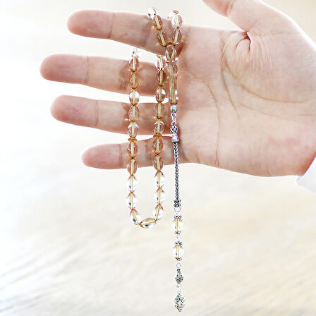 925 Ayar Gümüş Püsküllü Arpa Kesim Şeffaf Beyaz Ateş Kehribar Tesbih