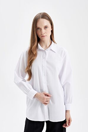 DeFacto Beyaz Relax Fit Gömlek Yaka Poplin Basic Düz Uzun Kollu Gömlek Tunik D4159AX24AUWT83