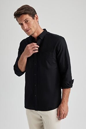 DeFacto Regular Fit Polo Yaka Oxford Basic Düz Uzun Kollu Siyah Gömlek A8028AX23AUBK81