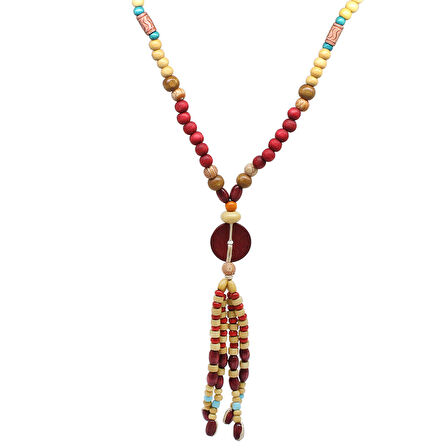 Tesbihane El Yapımı Etnik Ahşap Kombinli Kırmızı Renk Geçişli Tekerlek Detaylı Otantik Kolye