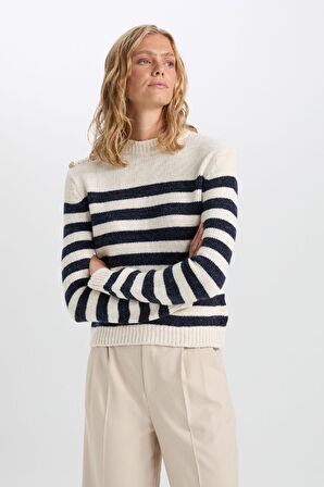 DeFacto Regular Fit Yumuşak Dokulu Bisiklet Yaka Düğmeli Çizgili Triko Kazak C9055AX24WNER105