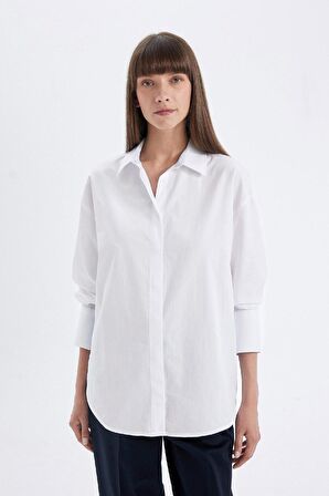 DeFacto Oversize Geniş Kalıp Basic Düz Poplin Uzun Kollu Gömlek D3152AX24AUWT34