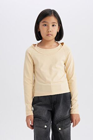 DeFacto Kız Çocuk Slim Fit Dar Kesim Kaçık Yaka Baskılı Fitilli Kaşkorse Uzun Kollu Tişört D9237A825SPBG362