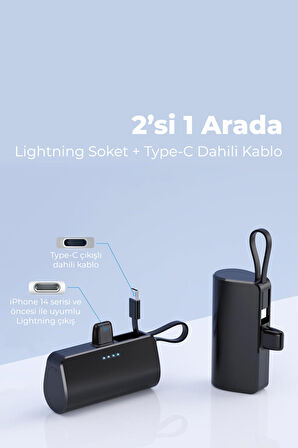 iPhone Lightning Soketli Mini Powerbank 5000mAh Type-C Dahili Kablolu Taşınabilir Şarj Cihazı Siyah