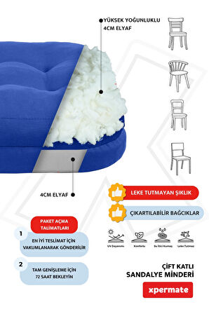 XPERMATE Çift Kat Sandalye Minderi Fermuarlı Yıkanabilir Kılıf Bağcıklı Su ve Yağ İtici 42x42x8 Mavi