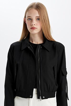 DeFacto Gömlek Yaka Basic Düz Fermuar Çıtçıtlı Cepli Bomber Ceket C4542AX24SPBK81