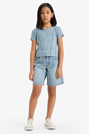Kız Çocuk Slim Fit Dar Kesim Bisiklet Yaka Basic Düz Ribana Kısa Kollu Tişört