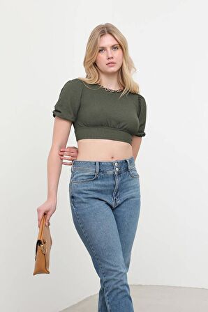 Sırt Dekolteli Kuşak Bağlamalı Crop Top Haki