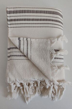 Sevim Krem Çizgili Havlu Peştemal 90x170 - %100 Pamuk & Yumuşak