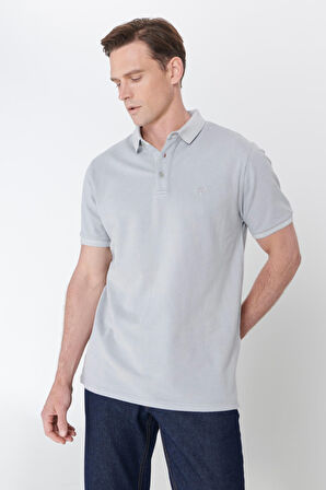 Erkek Gri Slim Fit Dar Kesim Polo Yaka %100 Pamuk Kısa Kollu Desenli Tişört
