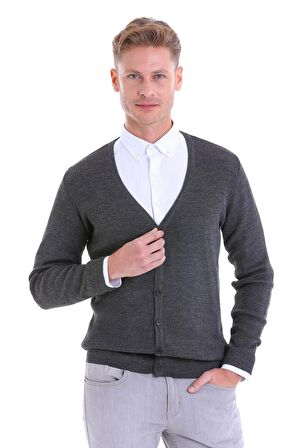 Gri V Yaka Regular Fit Yünlü Triko Hırka | M