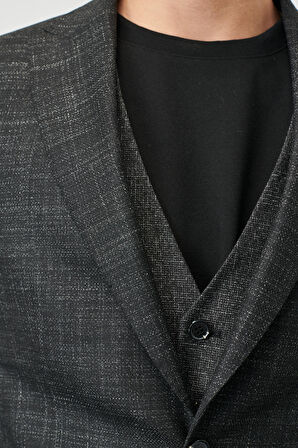 Erkek Siyah Slim Fit Dar Kesim Kırlangıç Yaka Desenli Yelekli Takım Elbise