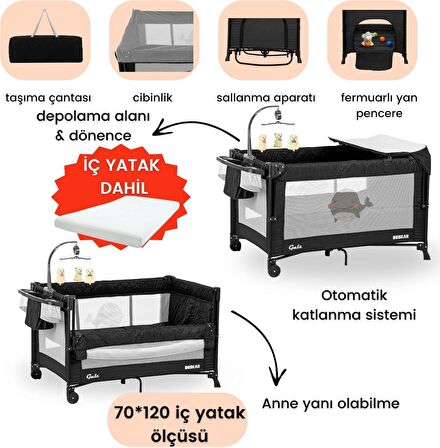Gulz Beskar Anne Yanı Sallanır Dönenceli Alt Açmalı Oyun Parkı Bebek Beşik 70X120 cm + YATAKLI  Siyah