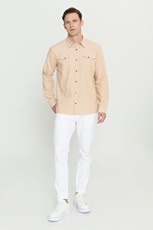 Erkek Bej Slim Fit Dar Kesim Klasik Yaka Pamuklu Gömlek