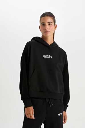 DeFactoFit NBA Miami Heat Kapüşonlu Kalın Sweatshirt D2359AX24AUBK81