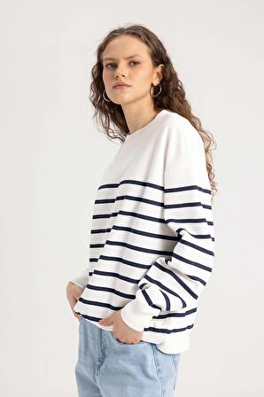 DeFacto Relax Fit Bisiklet Yaka Çizgili İnce Sweatshirt A9255AX24SPNV31