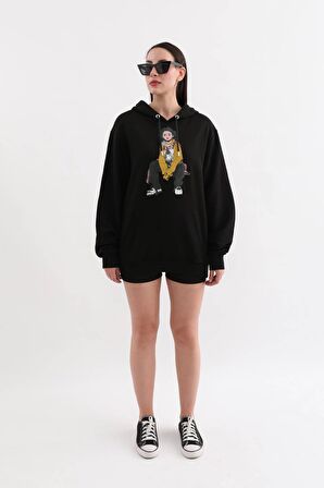 Siyah Baskılı Kapüşonlu Oversize Kadın Sweatshirt