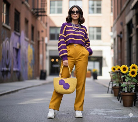 handmade sarı el çantası (mor detaylı)