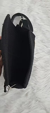 handmade siyah postacı çanta (deri kapak ve askı detay)