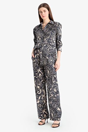Wide Leg Desenli Kumaş Pantolon Yüksek Bel Geniş Paça