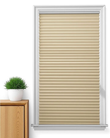 Bej Plise Perde Katlanır Cam Balkon Perdesi - Ofis Perdesi - Mutfak Perdesi