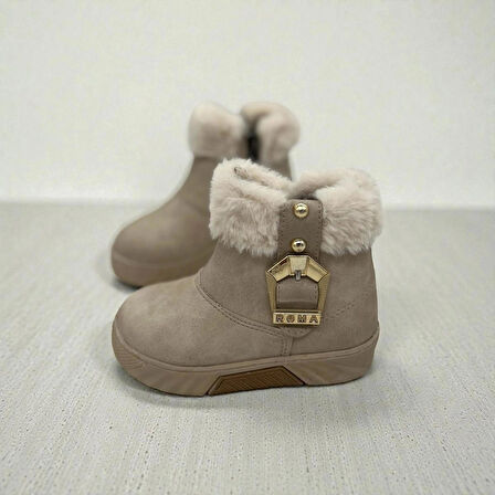 KIZ ÇOCUK TÜY DETAYLI TOKALI KAYMAZ TABAN BEJ BOT 