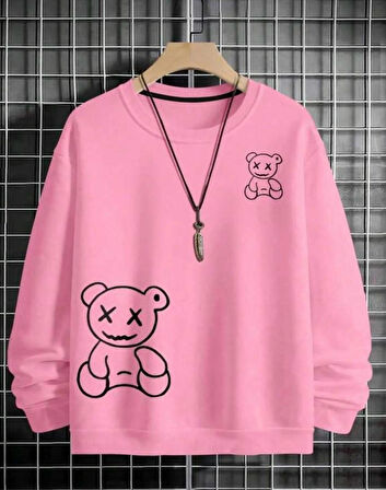 Oversize Unisex Ayıcık Baskılı Pembe Bisiklet Yaka Sweatshirt