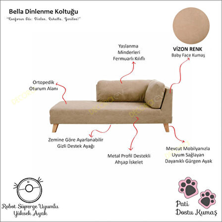 Bella Vizon Rahat Dinlenme Koltuğu Josefin Koltuk Psikolog Koltuğu Pati Dostu Kumaş Puf Koltuk Kanepe Sağ Köşe