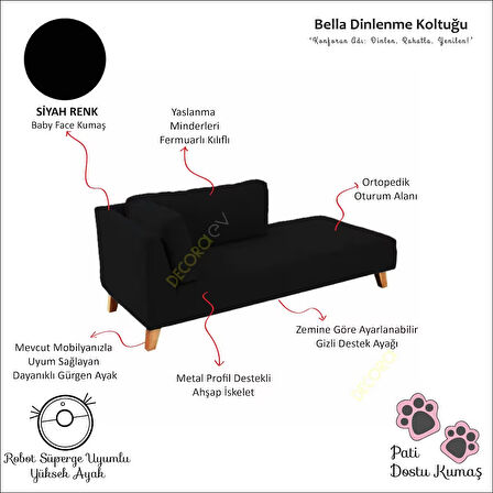Bella Siyah Rahat Dinlenme Koltuğu Josefin Koltuk Psikolog Koltuğu Pati Dostu Kumaş Puf Koltuk Kanepe Sol Köşe